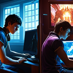 **A split-screen image. On one side, a shy teenager (Tim) sits hunched over a computer in a dimly lit room. On the other side, a confident, warrior-like avatar stands triumphantly in a vibrant, fantastical League of Legends landscape. Dramatic lighting.**